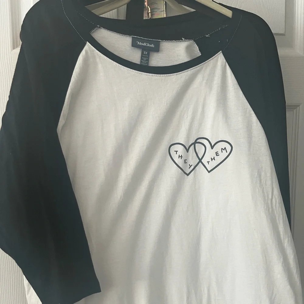 ModCloth Black and white they/them baseball ringer tee - Picture 2 of 5